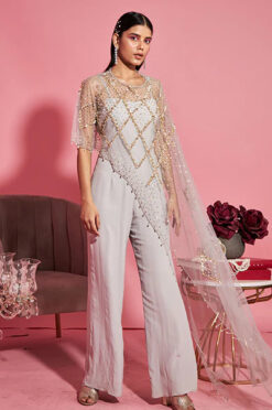 Grey Jumpsuit With Asymmetrical Cape