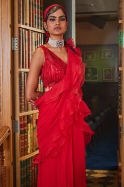 Red Pre Stitched Ruffled Saree With Blouse -Lillys Clothing Shop 02 1200x1800 d89cecea 7845 4a7c af09 0bfa6017dcc1