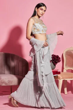 Grey Embroidered Ruffle Saree And Blouse