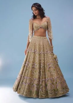Gold Toned Bridal Naziaa Beige Lehenga With 3D FLoral Embroidery And An Embroidered Shoulder Rest -Lillys Clothing Shop 03