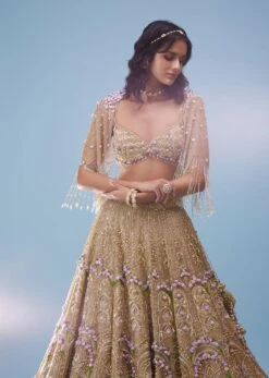 Gold Toned Bridal Naziaa Beige Lehenga With 3D FLoral Embroidery And An Embroidered Shoulder Rest -Lillys Clothing Shop 0445