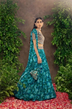 Blue Floral Printed Georgette Lehenga Set