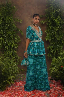 Blue Floral Print Georgette Palazzo Set