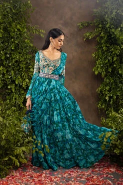 Blue Floral Printed Georgette Anarkali Set
