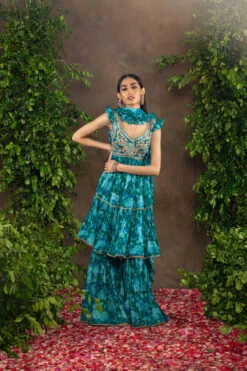 Blue Floral Printed Georgette Garara Set With Gota Patti Combined With Sequins, Pearl And Dori Work