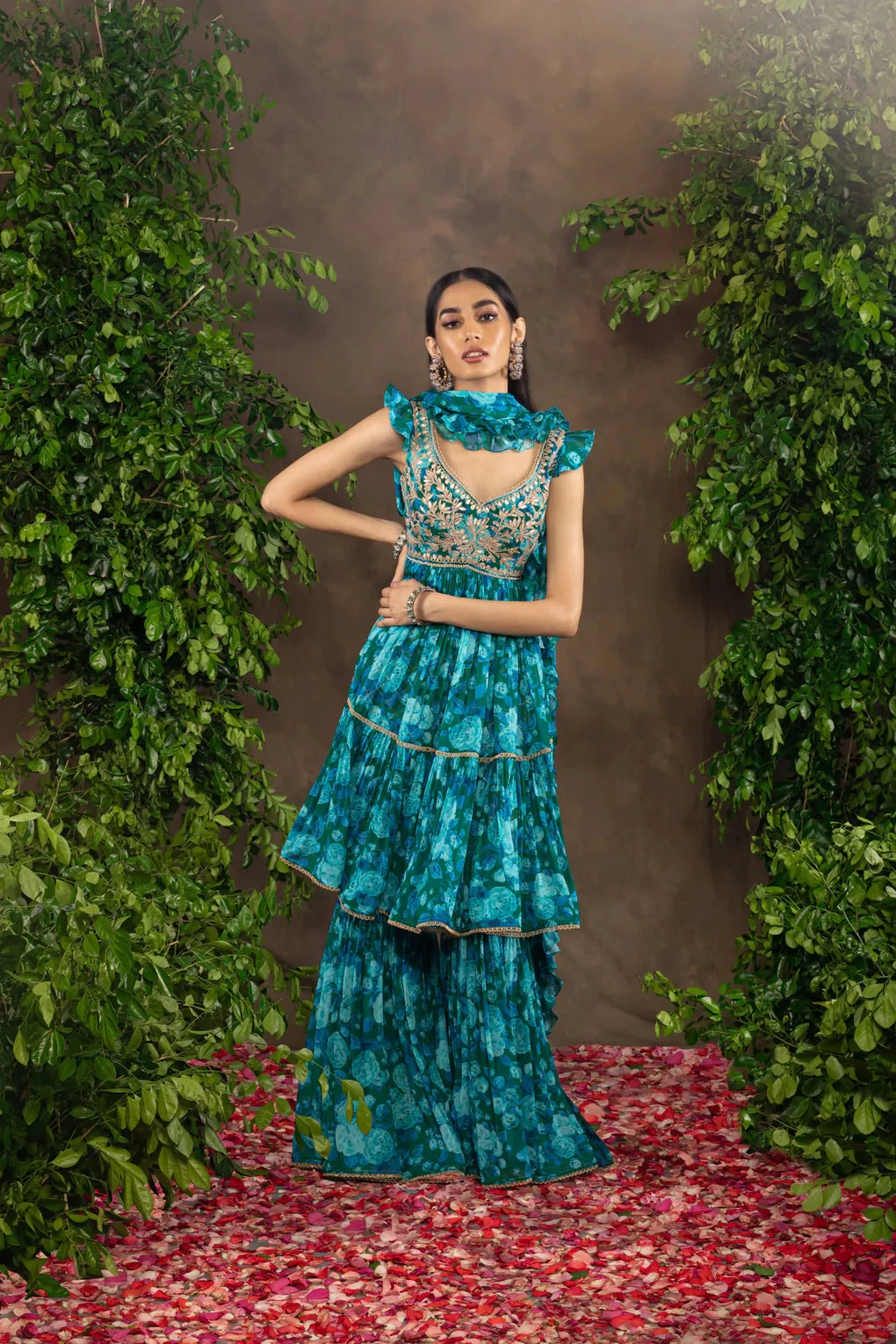 Blue Floral Printed Georgette Garara Set With Gota Patti Combined With Sequins, Pearl And Dori Work 1 Blue Floral Printed Georgette Garara Set With Gota Patti Combined With Sequins, Pearl And Dori Work