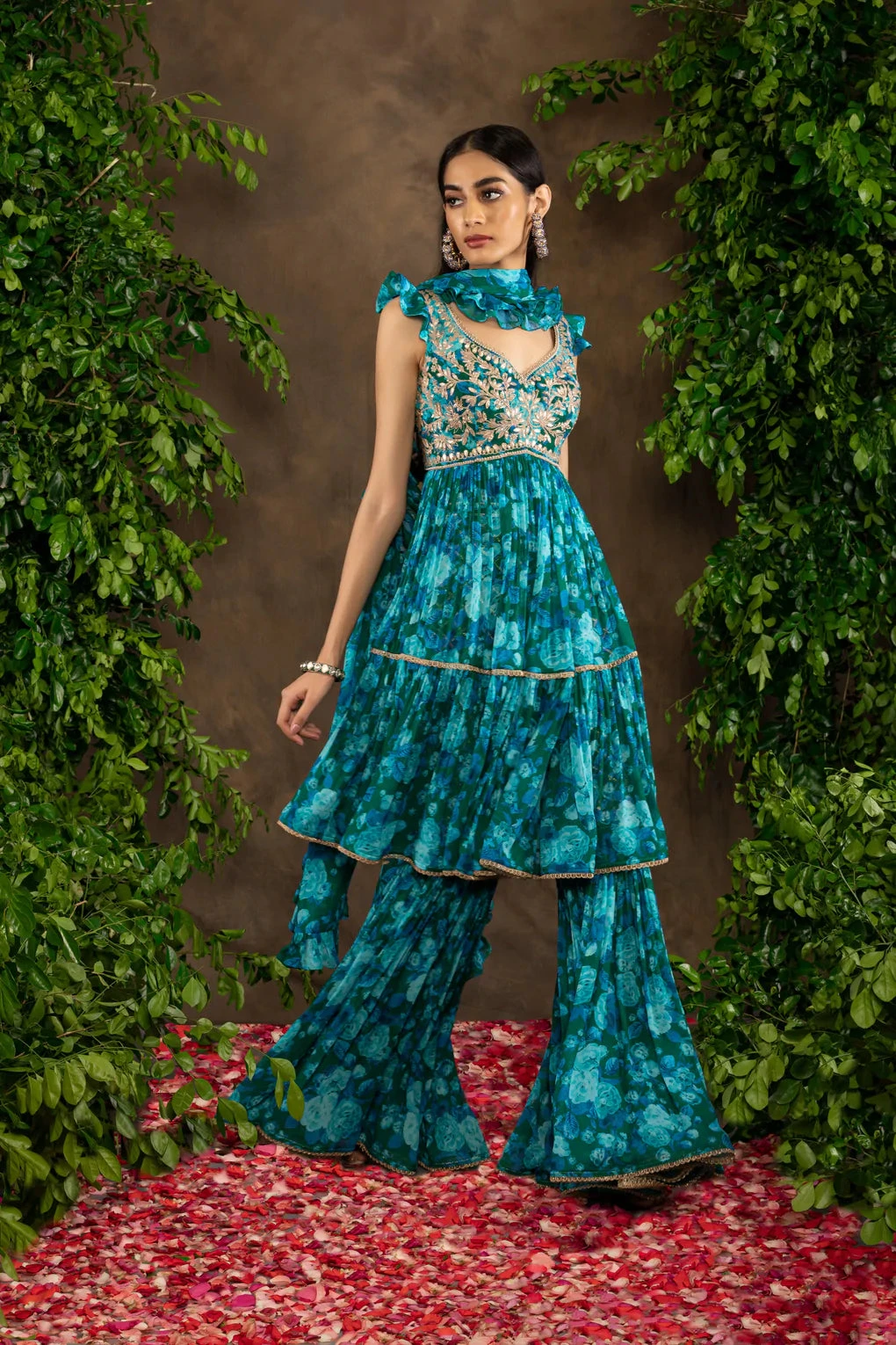 Blue Floral Printed Georgette Garara Set With Gota Patti Combined With Sequins, Pearl And Dori Work 2 Blue Floral Printed Georgette Garara Set With Gota Patti Combined With Sequins, Pearl And Dori Work - Image 2