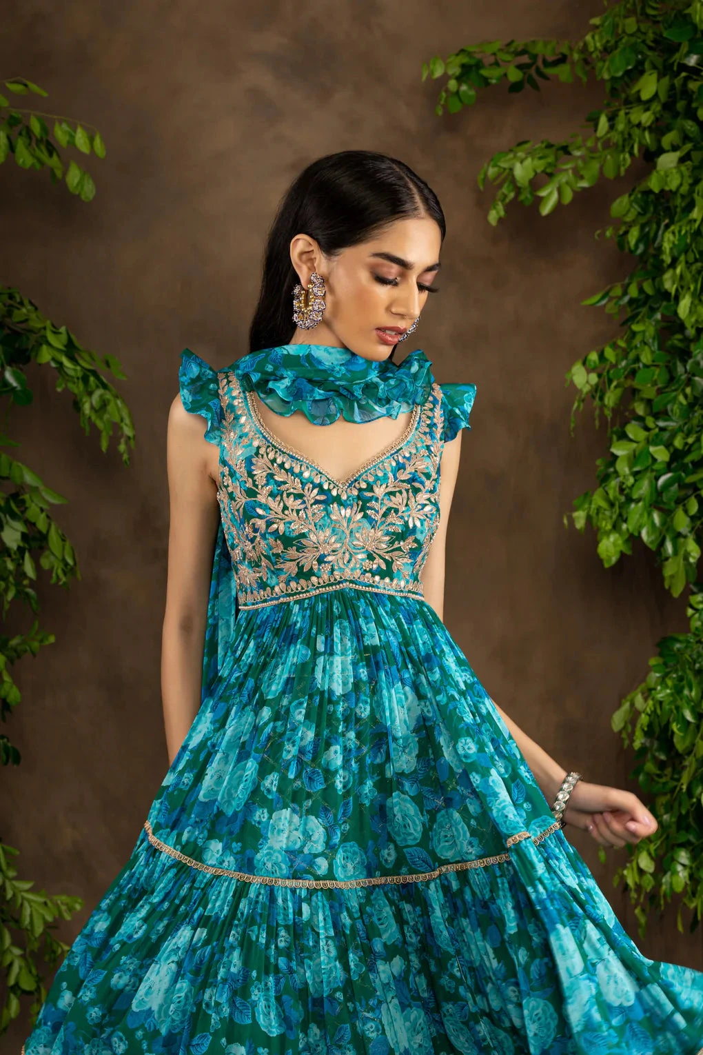 Blue Floral Printed Georgette Garara Set With Gota Patti Combined With Sequins, Pearl And Dori Work 3 Blue Floral Printed Georgette Garara Set With Gota Patti Combined With Sequins, Pearl And Dori Work - Image 3