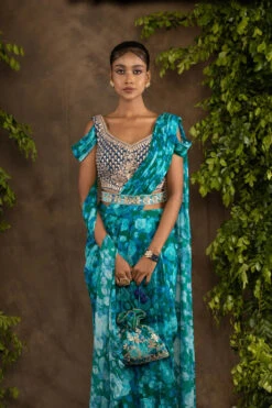 Blue Floral Printed Drape Saree With Navy Blue Raw Silk Blouse