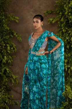 Blue Floral Printed Drape Saree With Navy Blue Raw Silk Blouse -Lillys Clothing Shop 075A5384 510x 2x.progressive 642cdfb9 9882 4de1 9f11 e4302e276910