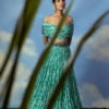 Aqua Green Printed Crop Top Skirt With Embroidered Blouse