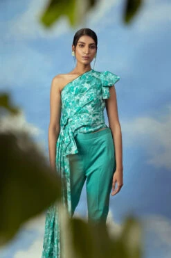 Satin Chanderi Drape Top With Cotton Lycra Pants