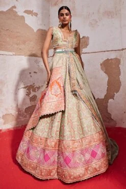 Green Bandhani Embroidered Banarasi Lehenga Set