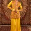 Yellow Satin Kashida Work Kurta And Sharara Set -Lillys Clothing Shop 1 0127903001680083076