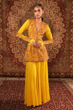 Yellow Satin Kashida Work Kurta And Sharara Set