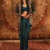 Green Satin Asymmetric Embroidered Jacket Draped Skirt Set