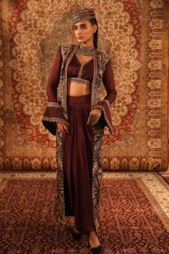 Wine Satin Kashida Embroidered Jacket Draped Skirt Set