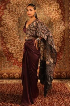 Wine Satin Pre-draped Saree With Blouse