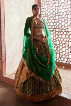 Green Banarasi Bandhani Embroidered Lehenga Set