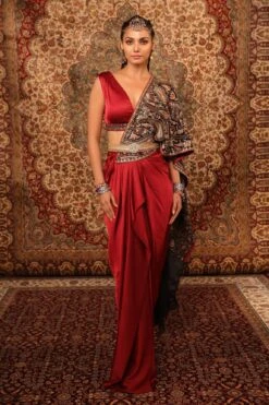 Satin Pre-Draped Embroidered Saree With Blouse