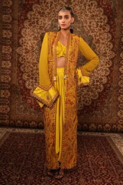 Yellow Satin Kashida Work Jacket Draped Skirt Set