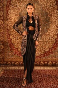 Black Satin Embroidered Asymmetric Jacket Draped Skirt Set
