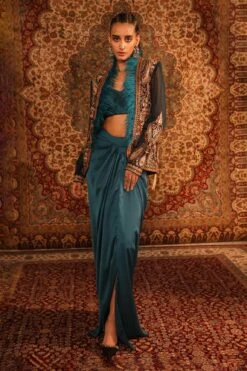 Green Satin Jamawar Embroidered Jacket Draped Skirt Set