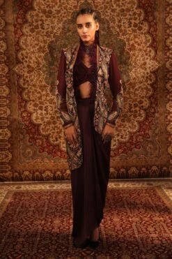 Wine Satin Jamawar Pattern Jacket Draped Skirt Set