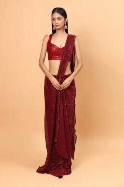 Lycra Pre-Draped Saree With Embroidered Blouse