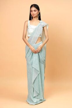 Blue Lycra Pre-Draped Saree With Blouse