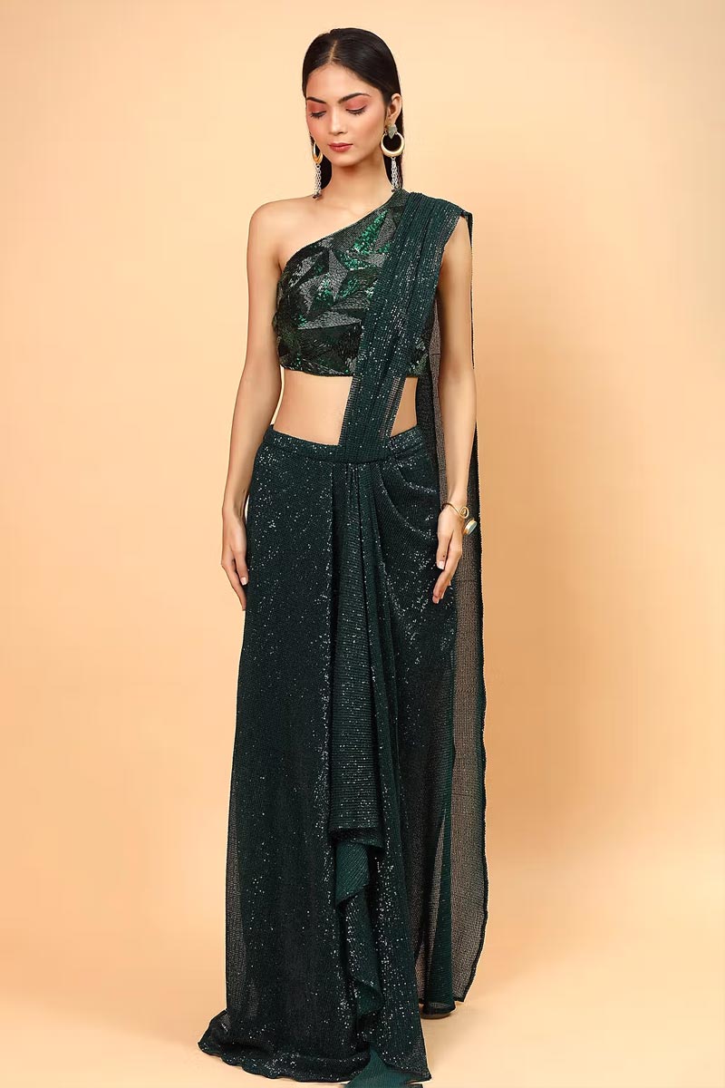 Green Lycra Pre-Draped Saree With One Shoulder Blouse 1 Green Lycra Pre-Draped Saree With One Shoulder Blouse