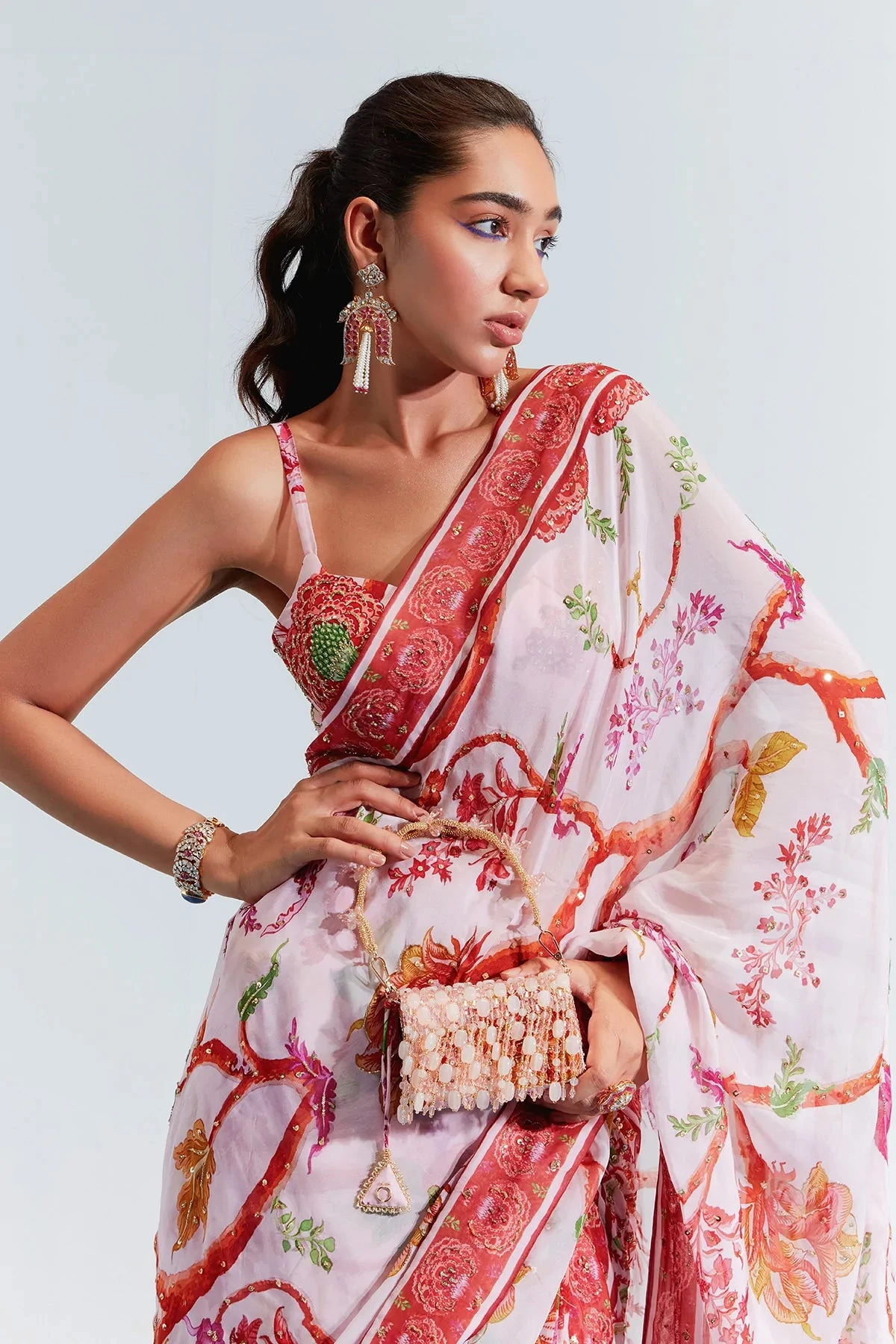 Pink Organza Satin Aisha Printed Pre-stitched Saree With Blouse 3 Pink Organza Satin Aisha Printed Pre-stitched Saree With Blouse - Image 3