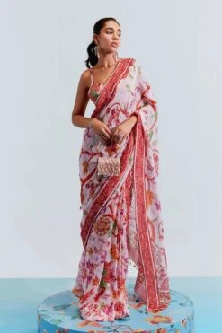 Pink Organza Satin Aisha Printed Pre-stitched Saree With Blouse