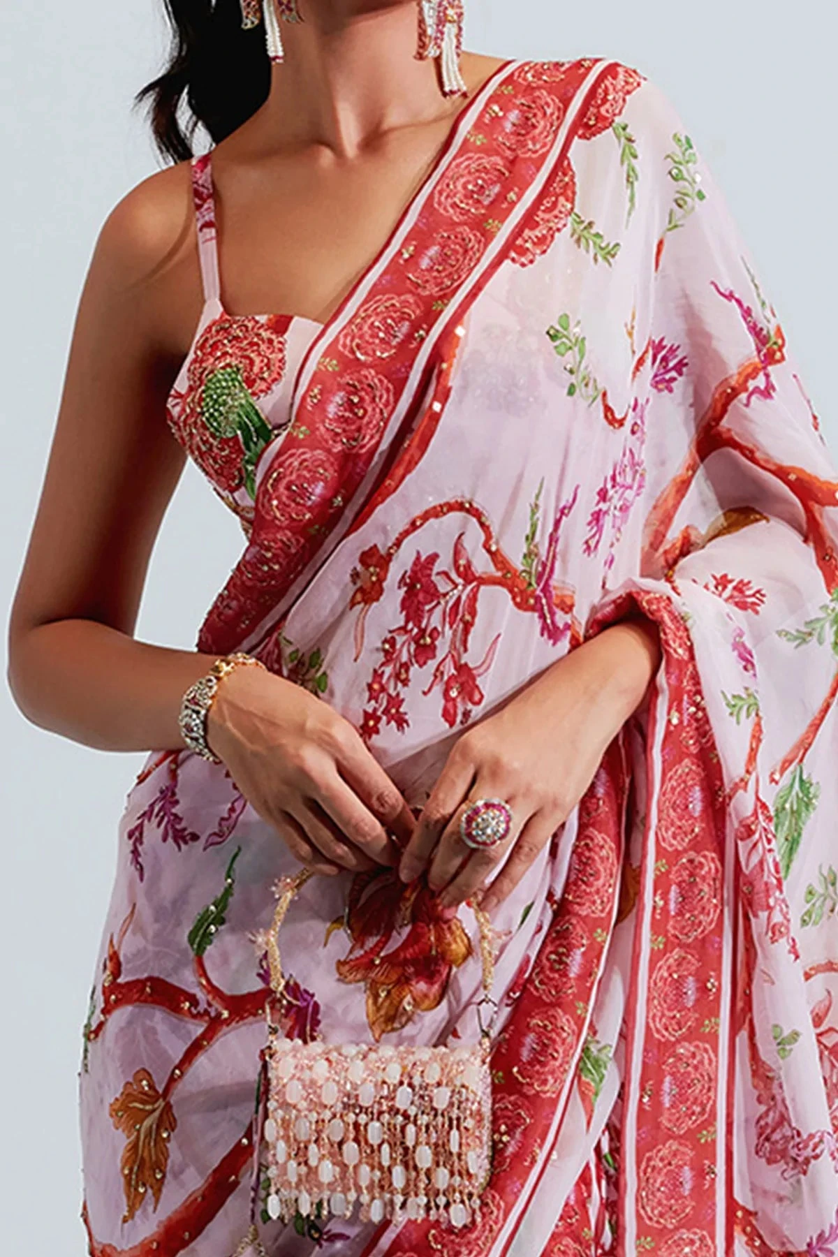 Pink Organza Satin Aisha Printed Pre-stitched Saree With Blouse 4 Pink Organza Satin Aisha Printed Pre-stitched Saree With Blouse - Image 4