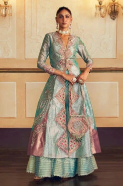 Firozi Silk Zari Tissue Jacket With Skirt Set