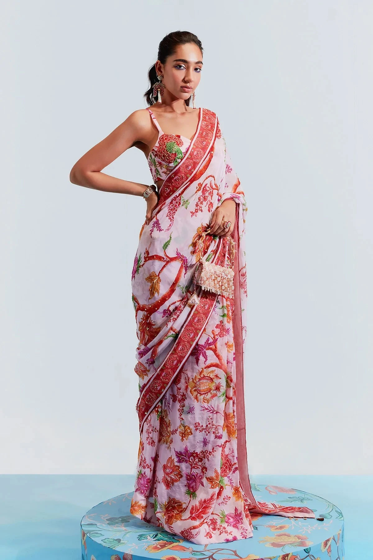 Pink Organza Satin Aisha Printed Pre-stitched Saree With Blouse 5 Pink Organza Satin Aisha Printed Pre-stitched Saree With Blouse - Image 5