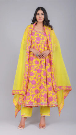 Adiba Yellow Cotton Anarkali Set