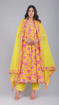 Adiba Yellow Cotton Anarkali Set