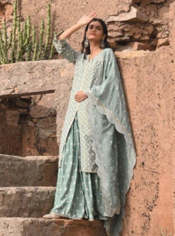 Mulmul Luxe Tissue Satin Maaeri Teal Blue Kurta With Skirt