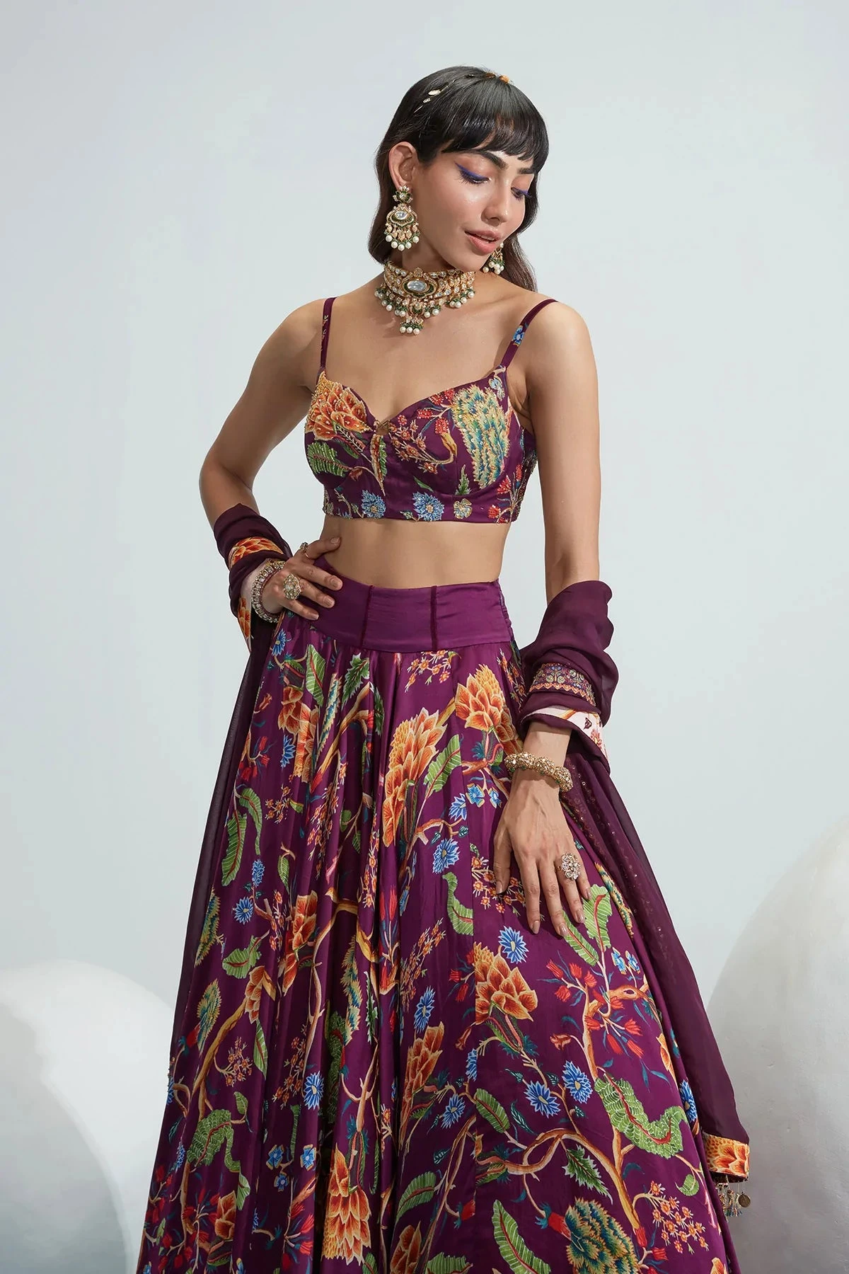Purple Satin Organza Maha Floral Print Lehenga Set 4 Purple Satin Organza Maha Floral Print Lehenga Set - Image 4