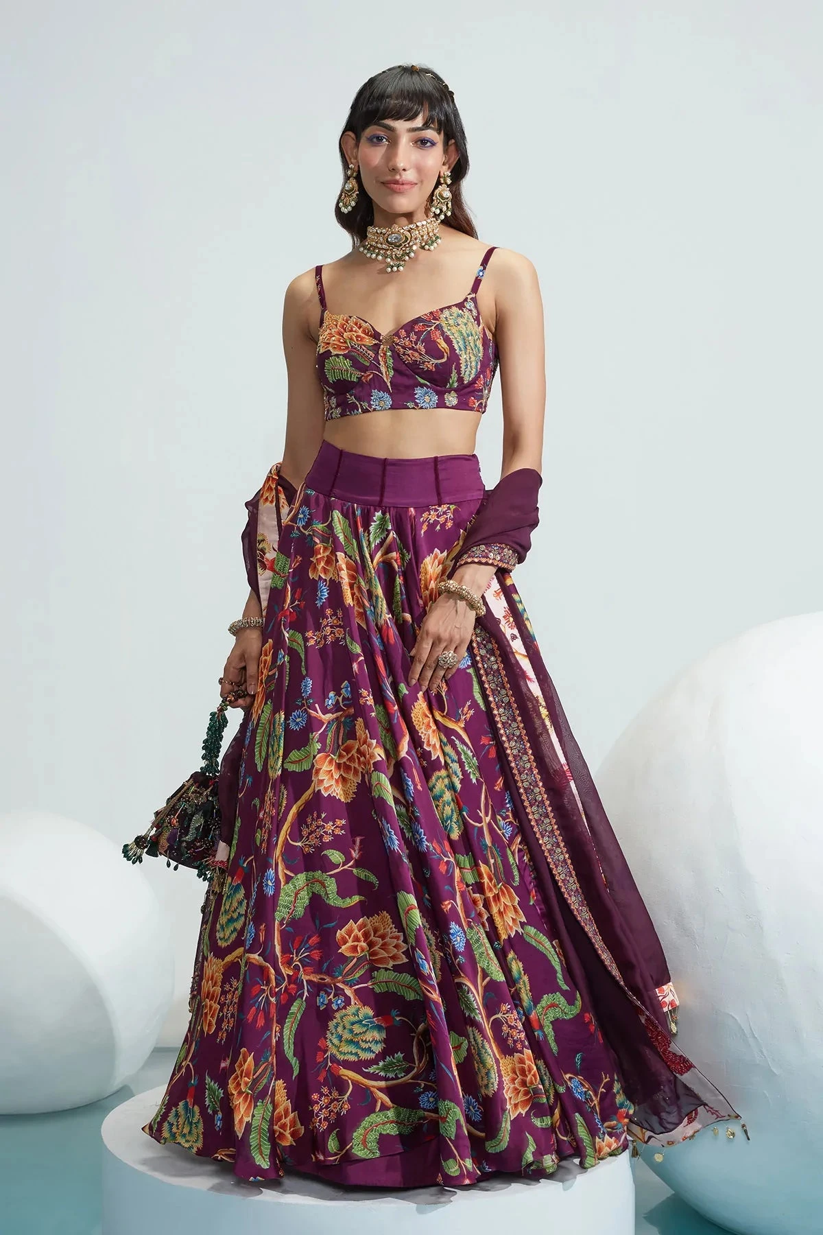 Purple Satin Organza Maha Floral Print Lehenga Set 1 Purple Satin Organza Maha Floral Print Lehenga Set