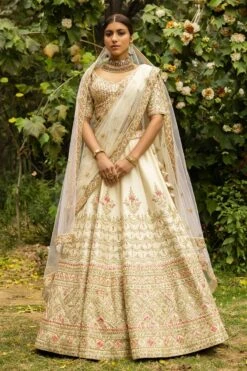 White Raw Silk Floral Embroidered Lehenga Set