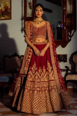 Maroon Raw Silk Floral Embroidered Lehenga Set With Dupatta