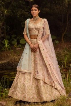 Peach Raw Silk Floral Embroidered Lehenga Set