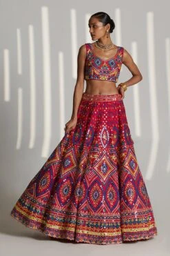 Hot Pink Raw Silk Mirror Lehenga Set