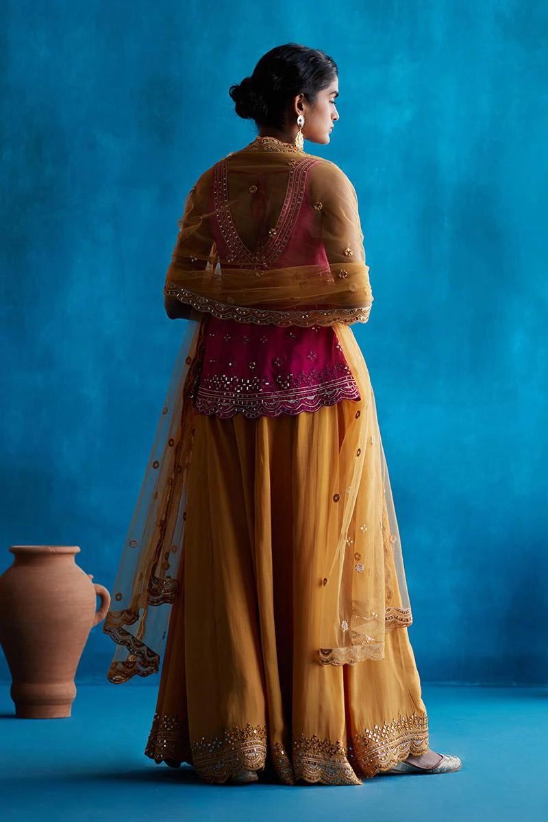 Mustard Sharara Set With Rani Pink Peplum 2 Mustard Sharara Set With Rani Pink Peplum - Image 2