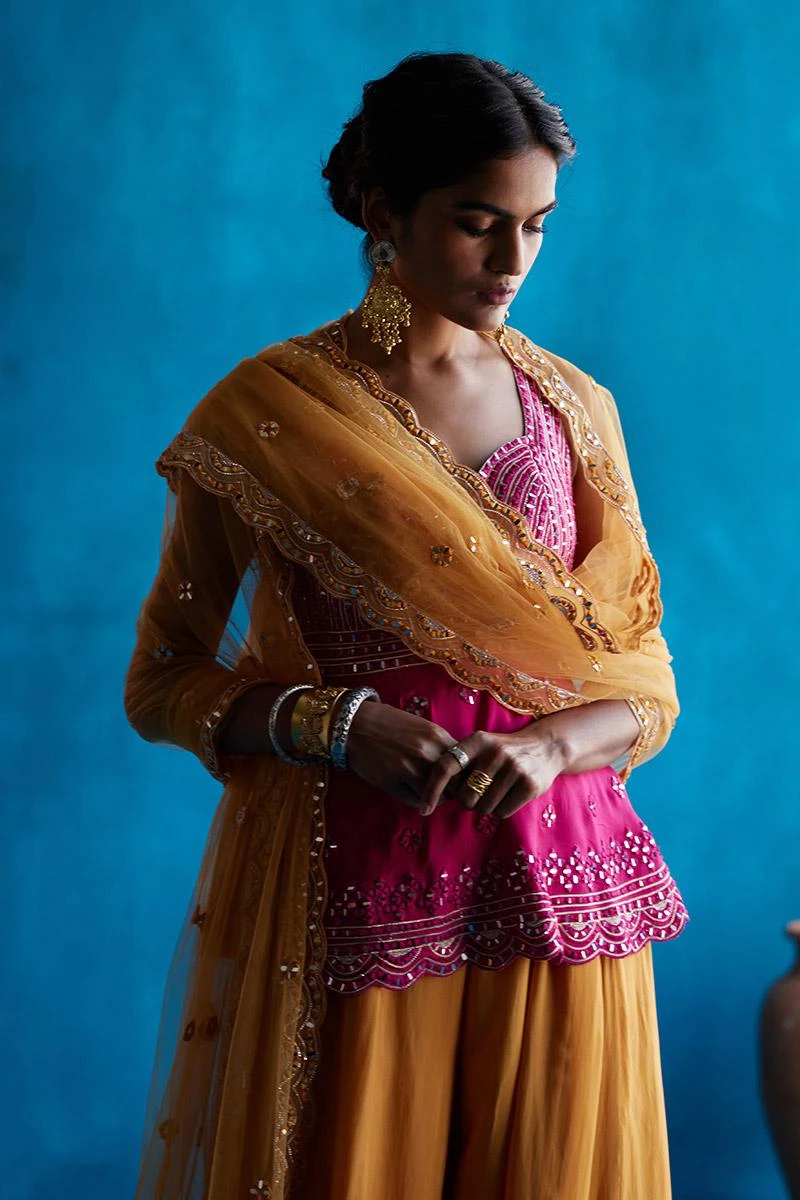Mustard Sharara Set With Rani Pink Peplum 3 Mustard Sharara Set With Rani Pink Peplum - Image 3