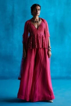 Coral Peplum Organza Embroidered Peplum Top Sharara Set