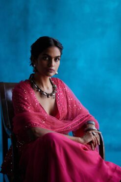 Coral Peplum Organza Embroidered Peplum Top Sharara Set -Lillys Clothing Shop 1642 11791 1662834922