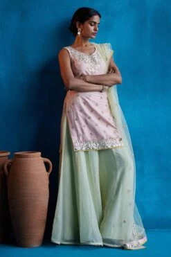 Lemon Yellow Sharara With Peach Kurta